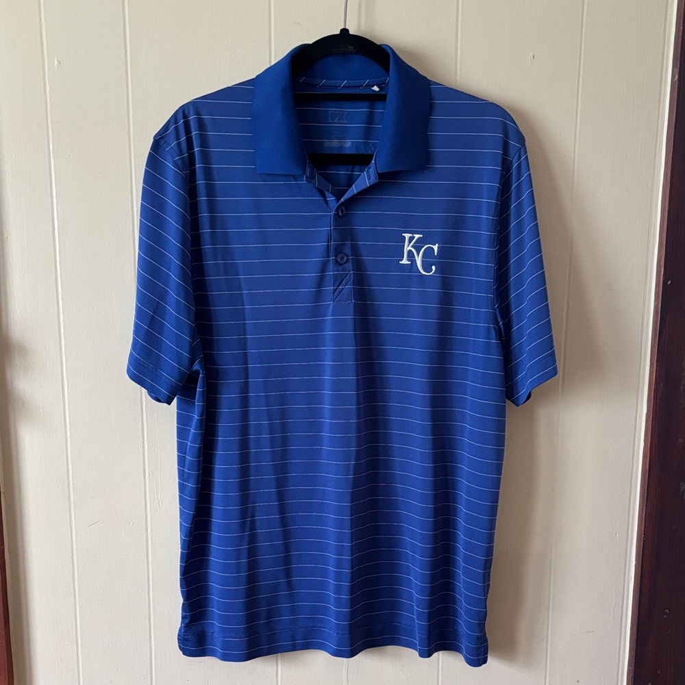Kansas City Royals Men's Blue Striped Polo Shirt. size Large. Golf tee